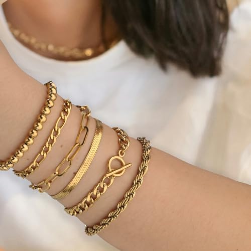 Chunky Gold Bracelets for Women, 14K Gold Plated Bracelet Stack Non Tarnish Layered Cable Chain Herringbone Snake Cuban Paperclip Bracelet for Women Gift3