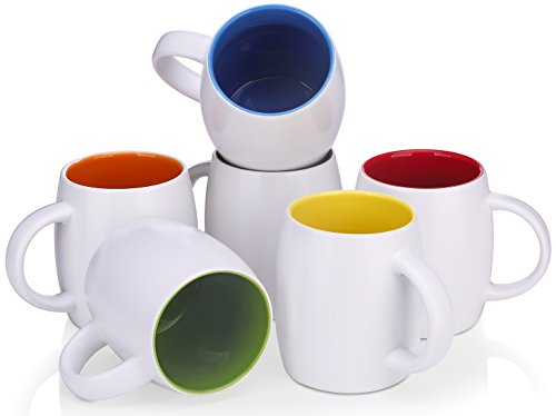 DOWAN 14 Ounce Mug Sets for Coffee/Tea/Cocoa, 6 Piece White Ceramic Mugs with Multi Inner Colors - Microwave, Dishwasher and Refrigerator Safe