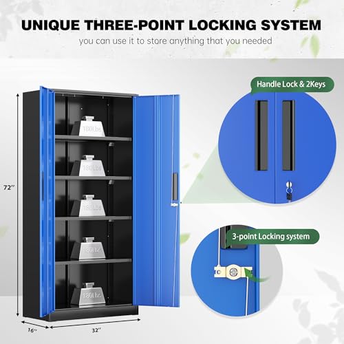 Image of Greenvelly Metal Garage Storage Cabinet with Doors and Shelves, 72 inch Steel Lockable File Cabinet,Office Storage Cabinet Tall Metal Cabinet for Garage Office School Gym Warehouse(Black Blue)