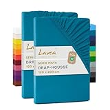 Lavea® Lot de 2 Draps Housses 120x190/200 cm – Coton 100% Doux et Respirant – pour Matelas Épais Jusqu’à 20 cm – Jersey avec Élastique Tout Autour – Aquamarine