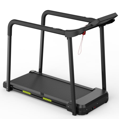 Walking Pad Laufband für Senioren mit Langen Handläufen, klappbar, 135 kg Belastbarkeit, großes LED-Display, extra breite Lauffläche, APP, Fitnessgerät für Zuhause