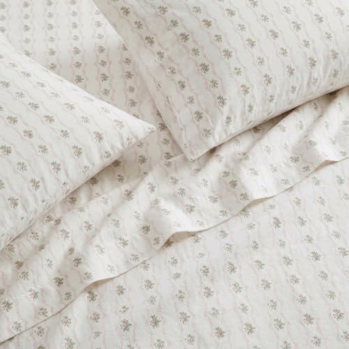 Image of Martha Stewart - Twin Sheet Set with Fitted Sheet & Pillowcase, Soft Cotton Flannel Bedding, Deep Pocket, Vintage Rose Pink