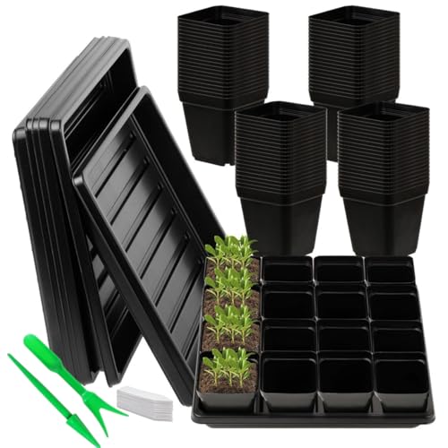 Macetas de Plástico Negro, 80 6.5cm Semilleros de Germinacion, Bandeja Semillero Kit Cuadrado, con 5 Piezas Bandeja a Prueba de Fugas, para Interior/Exterior Jardín Plantas Plántulas y Semillas