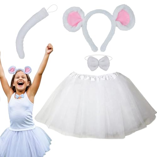 Kirei Sui Girls Mouse Ears Headband Bowtie Tail Tutu 4 Pieces Costume White