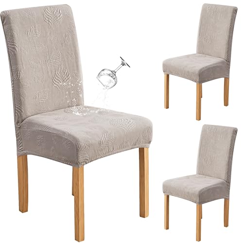 Image of Genina Waterproof Dining Chair Cover Set of 2,Kitchen Chair Cover,Warm Grey | Stretch Dining Room Chair Slipcovers with Leaf Jacquard,Removable Kitchen Chair Protector for Home,Restaurant,Banquet