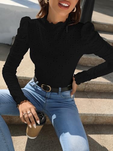 Image of Sugathari Girl's & Women's Spring /Summer Slim Fit High Neck T-Shirt with Stand Collar, Cap Sleeves and Eyelet Embroidery Frill Trim Tee Textured Sheer Fabric (T-Shirts 194 $P)