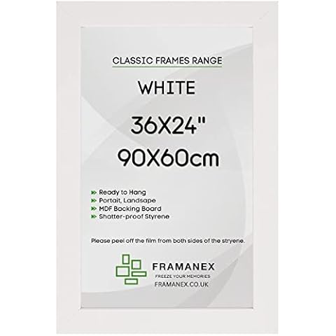 FRAMANEX Modern WHITE Maxi 36X24" Poster Frame | Wall Mounting Horizontally or Vertically | Large 24X36" Picture Frames with Styrene Sheet & MDF Backing Board | For Living Room & Office Wall Gallery Cover