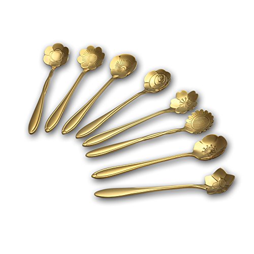Wenkoni Stainless Steel Creative Spoon for Coffee Tea Cake Sugar Dessert Ice Cream Spoon (Set of 8.Color:Gold)