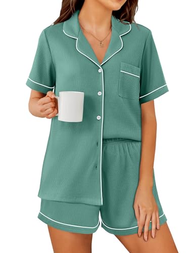Image of Ekouaer Womens Waffle Knit Pajama Sets Soft Short Sleeve Button Down Sleepwear Cozy 2 Piece Pjs Shorts Set