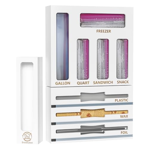 DALSHABET 9 IN1 Bamboo Storage Bag Drawer Organizer with Cutter, Foil and Plastic Wrap Dispenser for Kitchen Storage Compatible with All Brands Gallon, Quart, Sandwich & Snack Size Bags - White