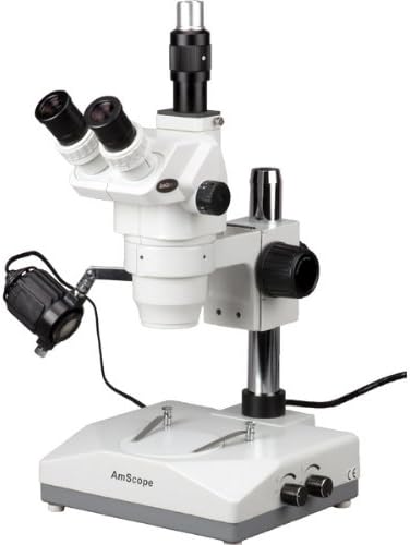 AmScope ZM-2TY Professional Trinocular Stereo Zoom Microscope, EW10x Eyepieces, 6.7X-90X Magnification, 0.67X-4.5X Zoom Objective, Upper and Lower Halogen Lighting, Pillar Stand, 110V-120V, Includes 2.0X Barlow Lens