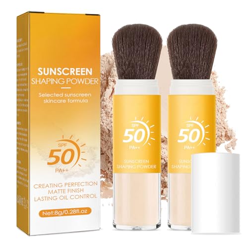 Mineral Sunscreen Setting Polvere SPF 50 Oil Control Impermeabile Leggero Traspirante Naturale – Con Spazzola, per Tutti i Tipi di Pelle (2 Pezzi)