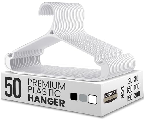 Utopia Home Plastic Hangers 50 Pack for Shirts & Pants – Space-Saving Heavy Duty Plastic Hangers with Non-Slip Shoulder Grooves & Notches - Anti-Slip Pants Bar for Increased Grip (White)
