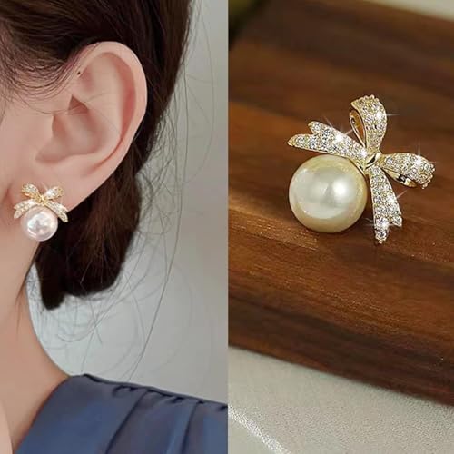 Pearl Bow Earrings for Women Coquette Aesthetic Jewelry Rhinestone Bow Earrings for Bridesmaids Wedding Party Accessories Bridal Costume Accents Bowknot Themed Gifts by Frodete - Image 3