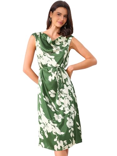 Image of Allegra K Elegant Floral Dress for Women's Vintage Cowl Neck Cap Sleeve Cocktail Tie Waist Shift Midi Dress