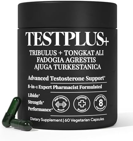 TESTPLUS+ 1,450mg 8-in-1 Testosterone Supplement for Men, Tribulus Terrestris with Tongkat Ali, Fadogia Agrestis, Turkestanica & More – Strength Booster, Libido Booster & Muscle Builder for Men