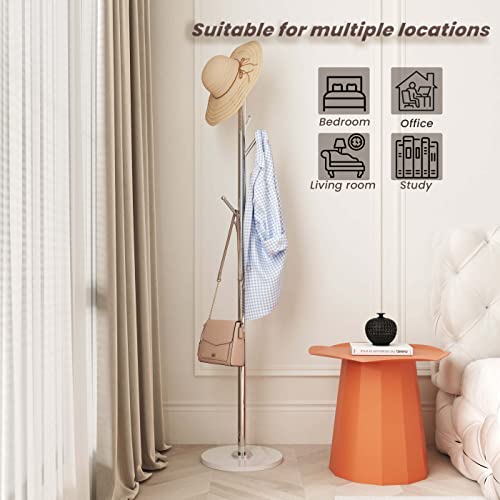 Adedeo Marble Coat Rack Stand, Natural Marble Round Base, Silver Stainless Steel Freestanding Coat Tree Hanger, 8 Hooks, Hall Tree For Clothes Hat Scarves Handbags Entryway Bedroom #TOP5