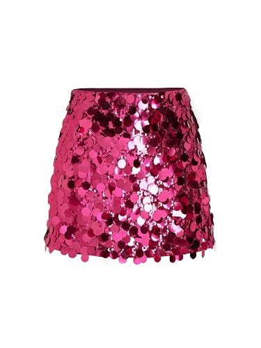 CIDER Sequin Mid Waist Sparkle Skirt Party Club Night Out Mini Skirt for Women Trendy Fushcia