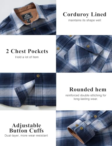 Image of Cotrasen Mens Flannel Shirts Cotton Plaid Button Down Shirt | Long Sleeve, Corduroy Collared, Soft,Breathable, Work, Western, Trendy, Casual Classic Flannel Shirt with Pocket