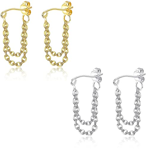 Chriscoco 2 Paires Double Chaîne Boucles d'oreilles Acier Chirurgical Minimaliste Chaîne Manchette Boucles d'oreilles Cartilage Helix Conch Piercing Bijoux
