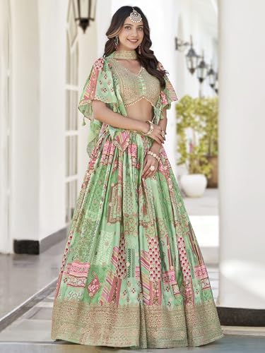Image of Women's Digital Print With Zari Dori Embroidery Work Chinnon Silk Lehenga Choli With Dupatta (Women-Lehenga-Choli-New; Free size)