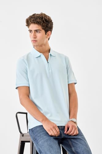 Image of SNITCH Men Polo T-Shirt | Modern Zip Closure & Textured Weave Design | 100% Cotton Breathable Fabric & Regular Fit Minimalist Style, Versatile Casual Wear