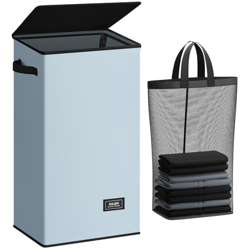 Image of SOLEDI Laundry Hamper with Lid 100L Large & Tall Collapsible Laundry Basket, Clothes Hamper with Bag Removable Easy to Carry, Dirty Hampers for Bedroom, Bathroom, Dorm, College, Blue Grey