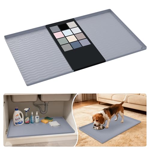 Image of URMONA Waterproof Silicone Under Sink Mat 31'' x 19'' Shelf Liner for Kitchen and Bathroom, Cabinet and Counter Protector, Storage and Organizers, Litter Mat, Pet Cat Puppy Essentials(Light Grey)