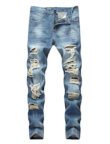 Enrica Men's Ripped Distressed Destroyed Straight Fit Washed Denim Jeans, 408 Blue, 32
