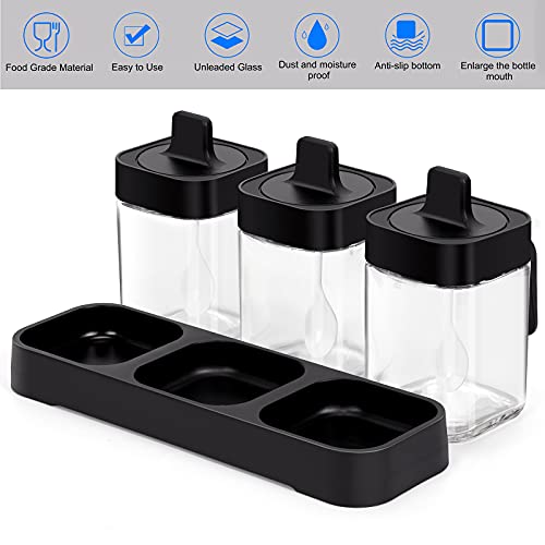 Kivsty 3 Pack Sugar Bowls Set With Spoons And Lids - High Capacity 13Oz Spices And Seasonings Containers - Glass Spice Jar Seasoning Box For Home Kitchen Coffee Bar(Black Square Base) #TOP4