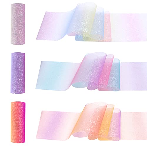 Belvanr Rouleau de Tulle Pailleté Arc-en-Ciel - 3 Rouleaux Rainbow Gradient, Bobine de Tissu, 15CM x 9M