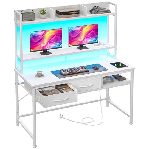 Durayloly 47.2″Computer Desk with Storage Rack&Monitor Stand, Gaming desk with LED&Power Outlet, Computer Desk with Hutch &2Drawers,Modern Study Writing Desk for Bedroom Home Office,Small Space,White