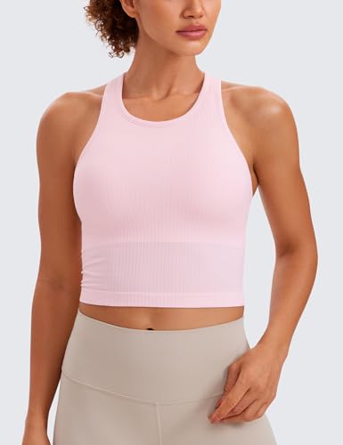 Image of CRZ YOGA Seamless Rib Racerback Crop Tank | Light Support, Removable Pads, Yoga, Ribbed, Racerback, Longline Sports Bras for Women