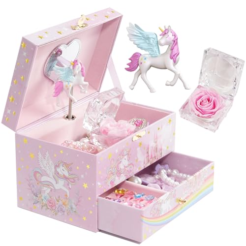 ProCase Boite à Bijoux Musicale Filles, Boîte Bijoux Enfant Licorne avec Miroir, pour Ranger Colliers Bracelets Bagues Montres -Swan Lake