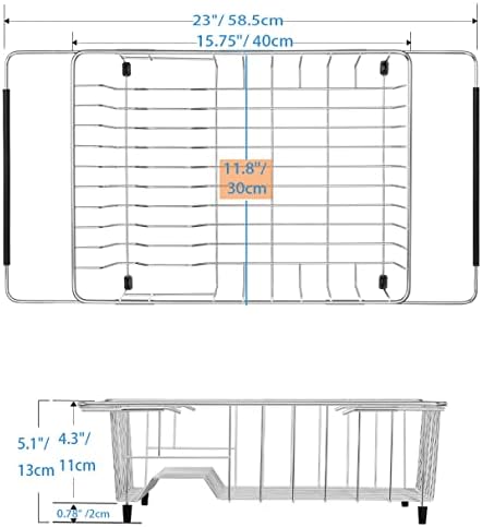 SANNO Dish Drainer Rack Expandable Dishes Drying Rack Over The Sink Adjustable Dish Drainer,Dish Rack in Sink or On Counter with Utensil Silverware Storage Holder, Rustproof Stainless Steel