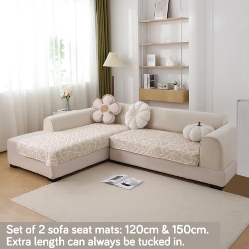 Image of HOKIPO 'Elira Series' Printed Water Repellent + Waterproof Quick Dry L Shape (2+2 Seater) Sofa Seat Cover Mat, Beige Abstract Geometry (AR-5245-C3 + AR-5246-C3)