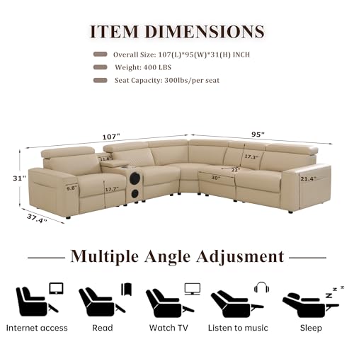 Image of Power Recliner Sectional Sofa, L-Shaped Living Room Furniture, 5 Seaters Reclining Sectional Couch with Storage Console /Cup Holder, Khaki Leather Corner Furniture for Living Room /House /Apartment