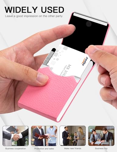Image of Padike Professional Business Card Holder PU Leather Business Card Case Name Card Holder Slim Metal Pocket Card Holder with Magnetic Shut (Pink)