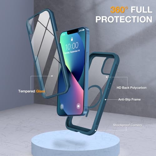 Image of Miracase for iPhone 13 Case 6.1'',Full-Body Magnetic Clear Bumper Case with Built-in 9H Tempered Glass Screen Protector,Military Drop Protection Outdoor Phone Case,Storm Blue