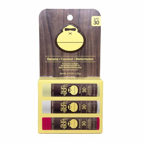 Sun Bum SPF 30 Sunscreen Lip Balm Variety Pack 3 Count - Coconut Banana Watermelon - Aloe Vera Vitamin E - UVA UVB Protection - Vegan Cruelty Free - 0.15 oz