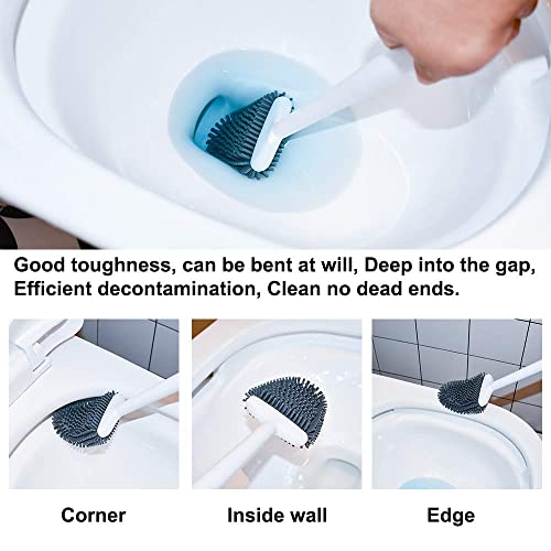 Image of Sellemer Silicone Toilet Brush, Ventilation Slots Holder 2 Pack Pearl White | Flexible Bristles Flat Head for Rim, Hair Tangle-Free, Easy to Clean, Compact Design, Rustproof Handle, for Toilet /Sink /Tub