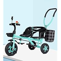 Tandem Tricycle for Twins, 2-in-1 Kids Pushchair with Push Rod, Front Seat Belt & Rear Guardrail, 3-Wheel Toddler Trike Ages 1.5-5(Green)