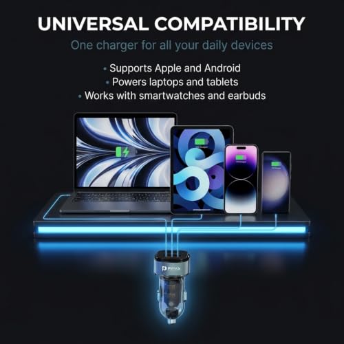 Image of PVMAX 130W Car Charger, Type-C PD 30W & USB 100W Dual Port Fast Charging, QC Certified, Car Mobile Charger Adapter for All iPhone, Android Smartphones & Laptop, 1 Year Warranty (Transparent)