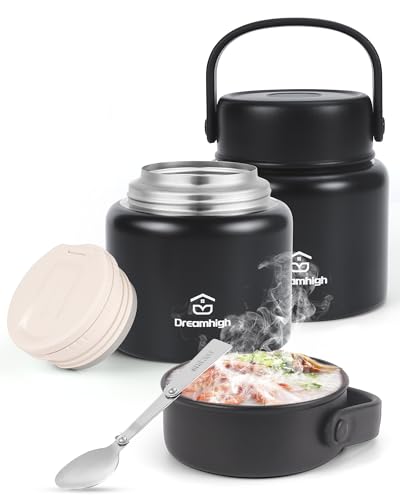Dreamhigh® Termo Comida Caliente 800 ml, Recipiente Térmico para Comida con Asa, Frasco Acero Inoxidable fiambrera termica con Cuchara Plegable, para sopa, pasta (Negro)