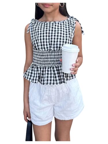 Floerns Girl's Plaid Peplum Tank Top Sleeveless Ruffle Hem Bow Shoulder Blouse Top