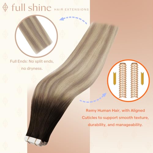 Image of Full Shine Human Hair Extensions Tape in, Brown Beige Blonde Ombre 16 Inch | 50g 20PCS, Invisible Tape Ins Human Hair Extensions, Seamless Straight Finish Party Wear for Dimensional Blonde Look