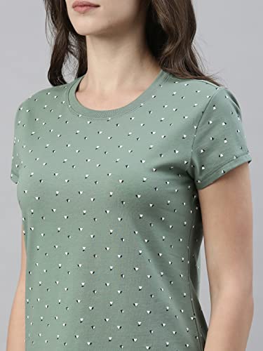 Image of Enamor Essentials Women's Slim Fit Regular Length Short Sleeve Crew Neck Comfortable and Stylish Breathable Stretch Cotton Tee - E247(E247-Fern Green Triangle Aop-L)
