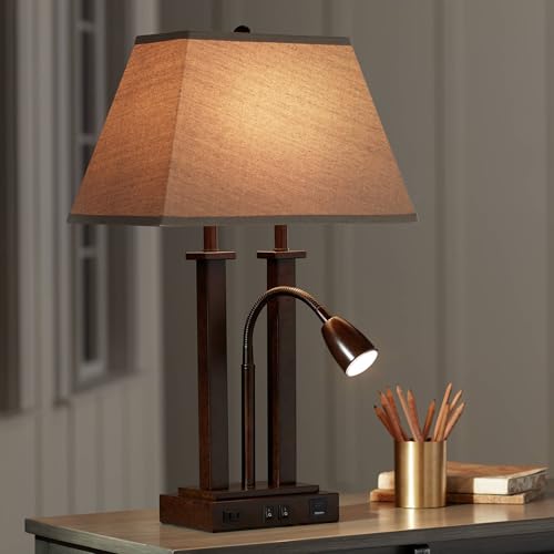 Possini Euro Design Deacon 26" High Modern Desk Table Lamp with USB Charging Ports A+C and AC Power Outlet in Base Gooseneck LED Bronze Rectangular Linen Shade for Living Room Bedroom House Bedside
