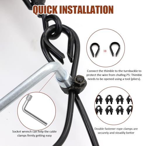 Kit de suspensión para luces de cadena, cable de acero recubierto de PVC negro 3/16"×100FT con accesorios para luces exteriores de patio y camping miniatura 6