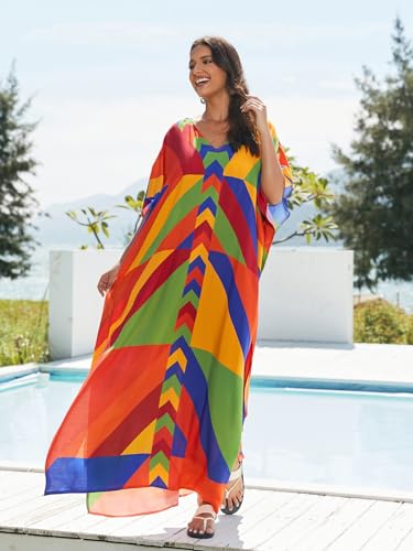Image of IMAGEKOPE Women's Plus Size Loose Fit Moroccan Print V-Neck Batwing Kaftan Beach Dress Bathing Suit Cover Up